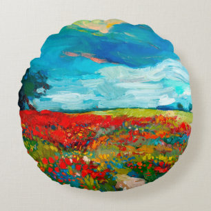 Cojín Redondo pintura al óleo de campos de flores sobre lienzo.