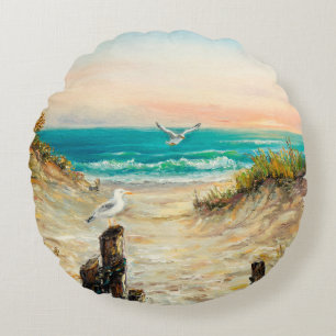 Cojín Redondo  pintura al óleo de dunas de playa oceánicas con g