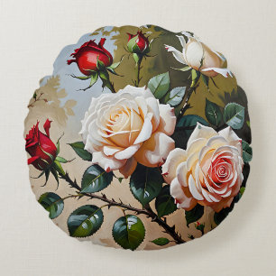 Cojín Redondo pintura al óleo de rosas blancas y rojas de color 