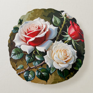 Cojín Redondo Pintura al óleo de rosas rosadas blancas y rojas b