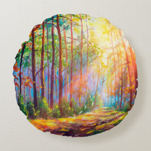 Cojín Redondo  pintura al óleo magnífico bosque en otoño, escéni
