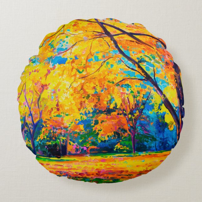 Cojín Redondo  pintura al óleo sobre lienzo. Árboles amarillos.  (Anverso)