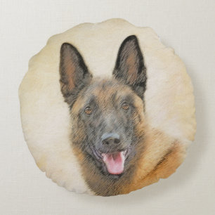 Cojín Redondo Pintura belga malinois - Arte de perro original