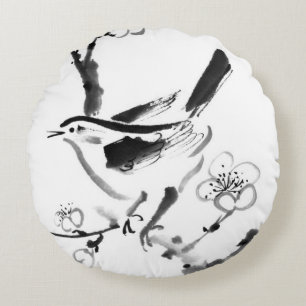 Cojín Redondo Pintura china, flor del ciruelo y pájaro