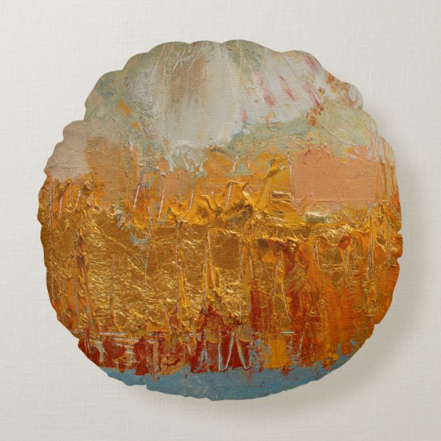 Cojín Redondo Pintura de aceite amarillo sobre lienzo. Resumen o (Anverso)