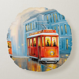 Cojín Redondo Pintura de aceite de tranvía de la ciudad antigua