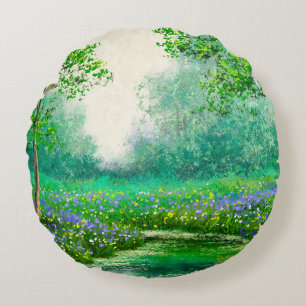 Cojín Redondo Pintura de aceite en el paisaje de primavera, bosq