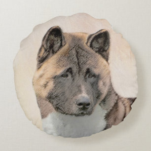 Cojín Redondo Pintura de Akita - Arte de Perro Original.