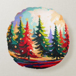 Cojín Redondo Pintura de árboles de Navidad Paisaje  