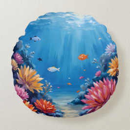 Cojín Redondo Pintura de arrecife de coral bajo el mar océano