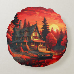 Cojín Redondo Pintura de atardecer con cabaña y lago-66633