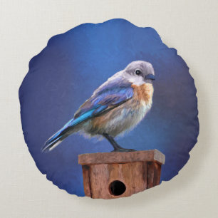 Cojín Redondo Pintura de ave azul (hembra) - Arte original de av