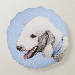 Cojín Redondo Pintura de Bedlington Terrier - Original Perro Art