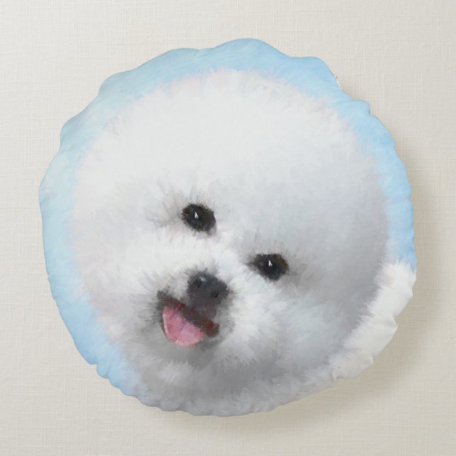 Cojín Redondo Pintura de Bichon Frise - Arte de Perro Original. (Reverso)