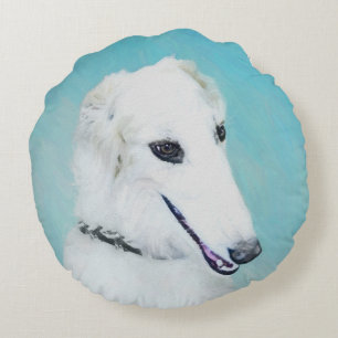 Cojín Redondo Pintura de Borzoi (blanco) - Arte de perro origina
