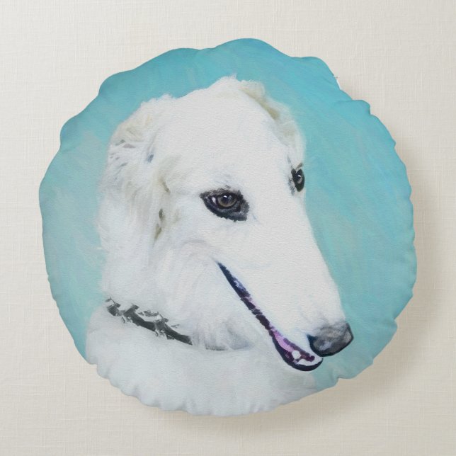 Cojín Redondo Pintura de Borzoi (blanco) - Arte de perro origina (Reverso)