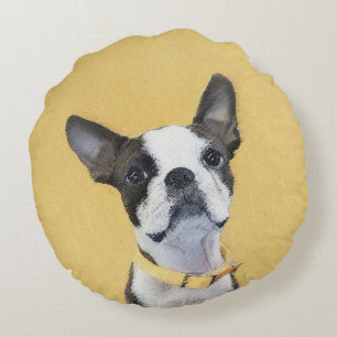 Cojín Redondo Pintura de Boston Terrier - Arte de perro original