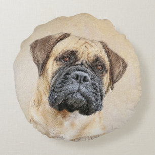 Cojín Redondo Pintura de Bullmastiff - Arte de Perro Original.