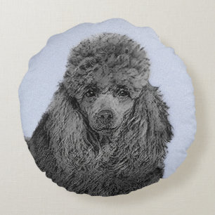 Cojín Redondo Pintura de Caniche Miniatura Negro Arte Original