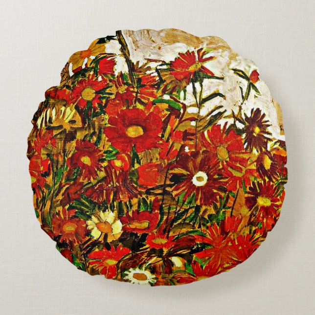Cojín Redondo Pintura de Egon Schiele, Campo de flores (Anverso)