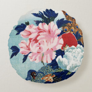 Cojín Redondo Pintura de flores de pavo real y peonías vintage