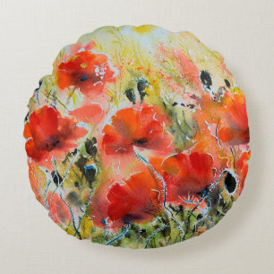Cojín Redondo Pintura de flores rojas de amapola de color agua. 