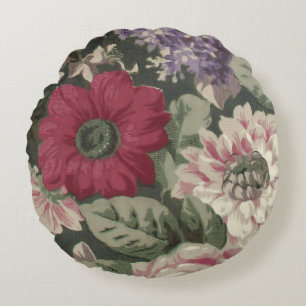 Cojín Redondo Pintura de flores vintage rojas rosadas azules bla