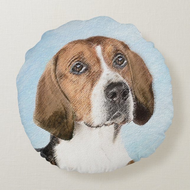 Cojín Redondo Pintura de Foxhound inglesa - Arte Perro Original  (Reverso)