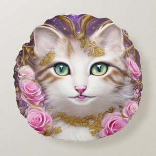 Cojín Redondo Pintura de Gatos Rosas Doradas