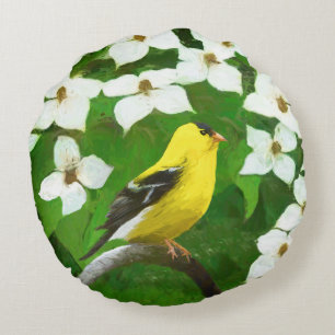 Cojín Redondo Pintura de Goldfinch - Arte de Perro Original.
