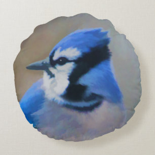 Cojín Redondo Pintura de Jay azul - Arte de pájaro original