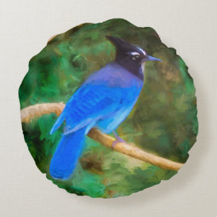 Cojín Redondo Pintura de Jay de Steller - Arte de pájaro origina