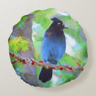 Cojín Redondo Pintura de Jay de Steller - Arte de pájaro origina