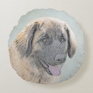 Cojín Redondo Pintura de Leonberger - Arte de Perro Original.