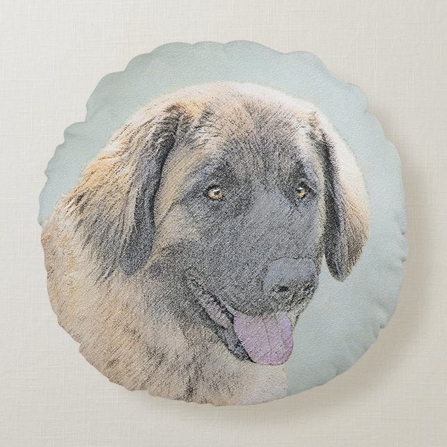 Cojín Redondo Pintura de Leonberger - Arte de Perro Original. (Anverso)
