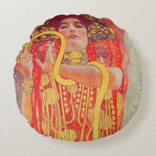 Cojín Redondo Pintura de mujer roja con serpiente de oro de Gust