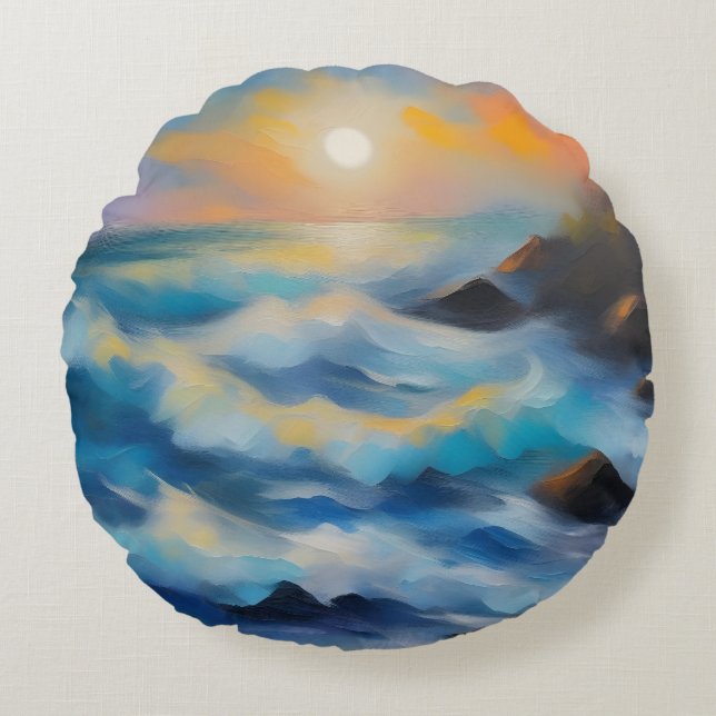 Cojín Redondo Pintura de olas de mar azul claro bajo el sol (Anverso)