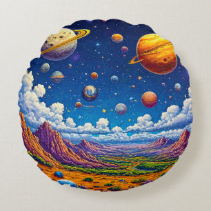 Cojín Redondo Pintura de paisaje cósmico surrealista con planeta