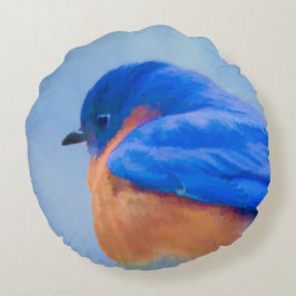 Cojín Redondo Pintura de pájaro azul - Arte original de aves