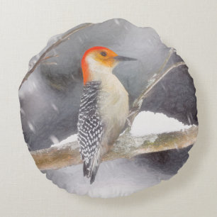 Cojín Redondo Pintura de pájaro de madera roja