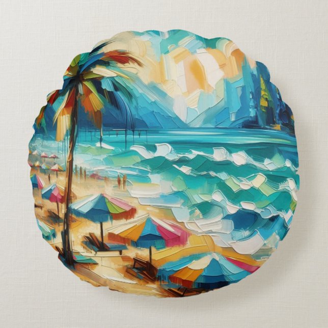 Cojín Redondo Pintura de paraguas tropicales (Anverso)