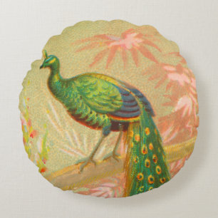 Cojín Redondo Pintura de pavo real y flores