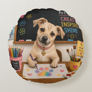 Cojín Redondo Pintura de perro escolar lindo Ilustración de acua