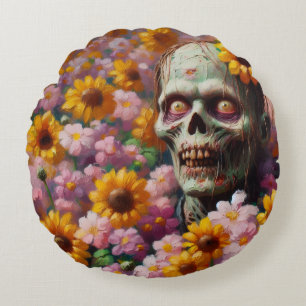 Cojín Redondo Pintura de petróleo de zombies en Halloween, campo