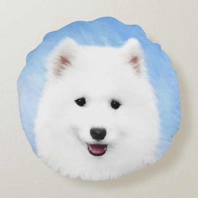 Cojín Redondo Pintura de pimienta de Samoyed - Arte Perro Origin (Reverso)