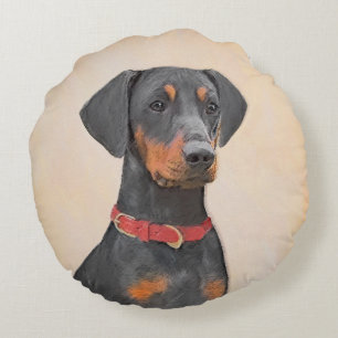Cojín Redondo Pintura de Pinscher original de arte animal