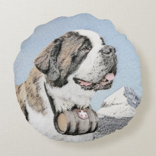Cojín Redondo Pintura de San Bernardo - Arte Original de Perro L