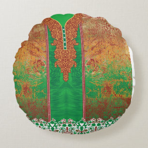 Cojín Redondo pintura de un campo verde con un borde naranja