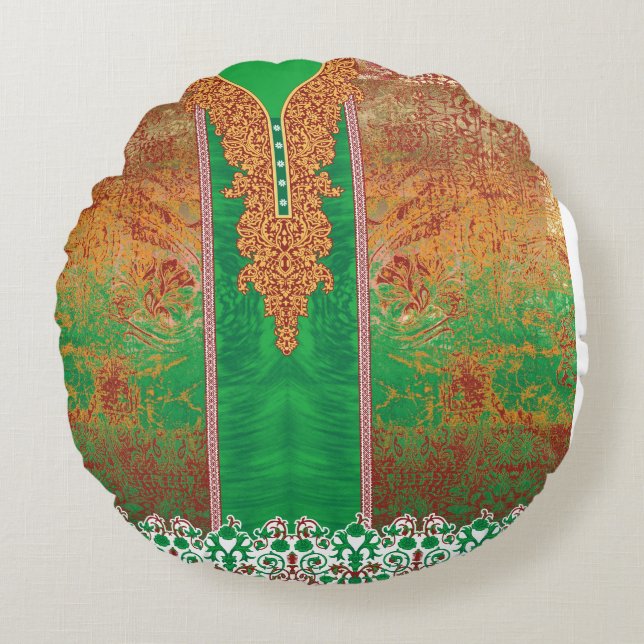 Cojín Redondo pintura de un campo verde con un borde naranja (Anverso)