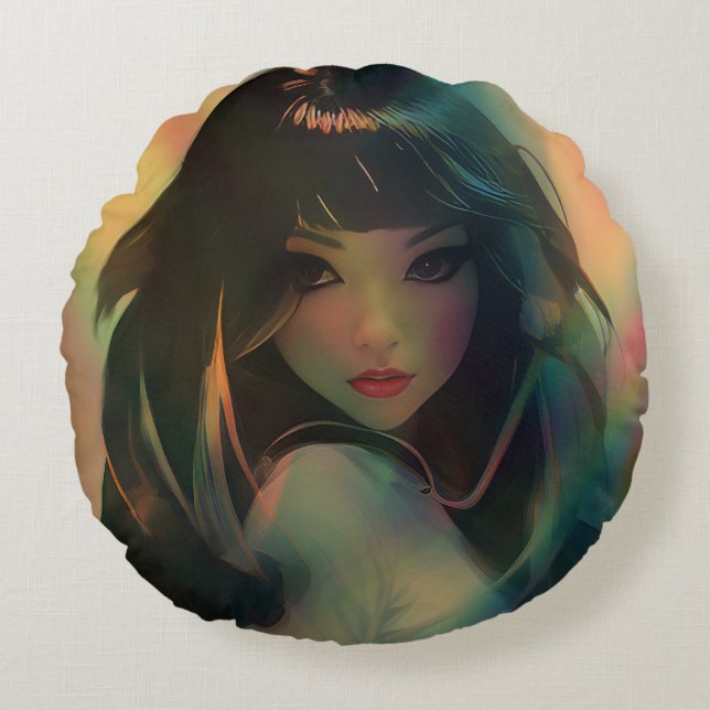 Cojín Redondo Pintura de un Chica animado rodeado de arcoiris (Anverso)